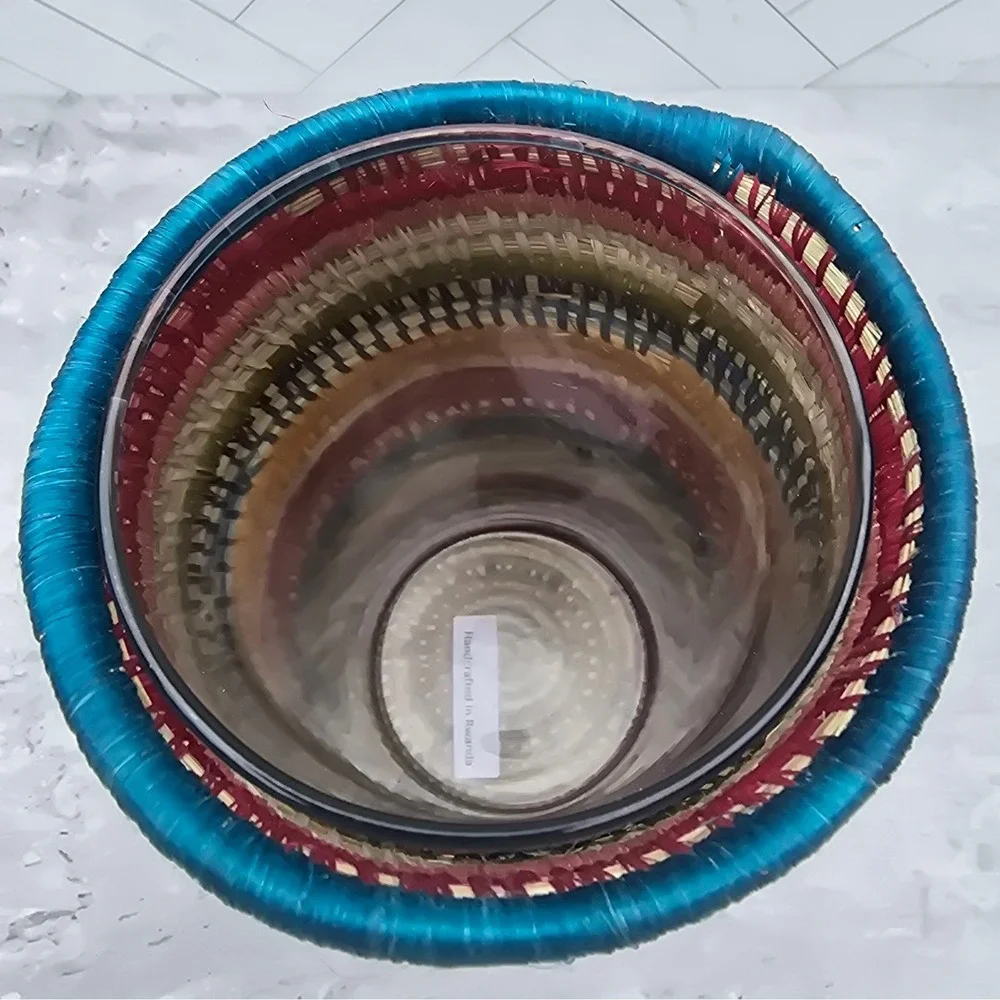 Handcrafted Rwanda Woven Basket Vase with Lid Tassel and Glass Insert Multicolor